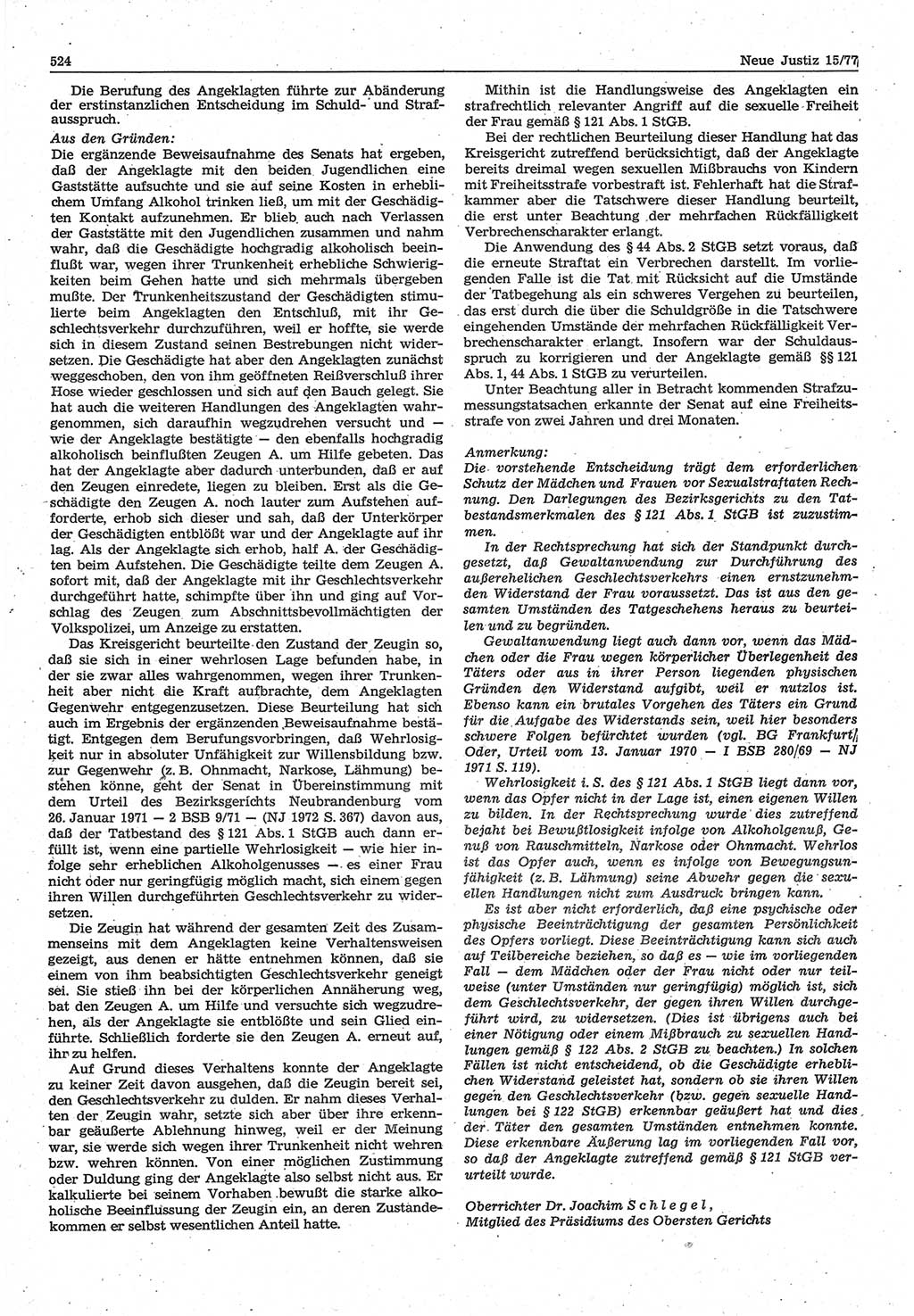 Neue Justiz (NJ), Zeitschrift für Recht und Rechtswissenschaft-Zeitschrift, sozialistisches Recht und Gesetzlichkeit, 31. Jahrgang 1977, Seite 524 (NJ DDR 1977, S. 524)