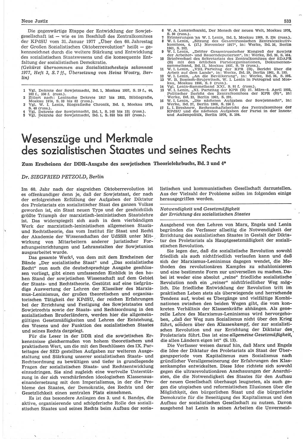 Neue Justiz (NJ), Zeitschrift für Recht und Rechtswissenschaft-Zeitschrift, sozialistisches Recht und Gesetzlichkeit, 31. Jahrgang 1977, Seite 533 (NJ DDR 1977, S. 533)