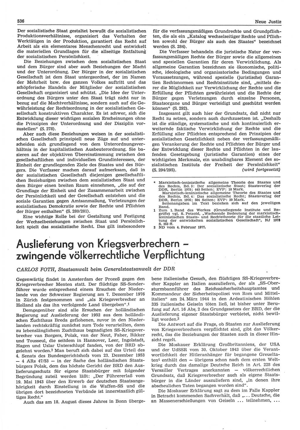 Neue Justiz (NJ), Zeitschrift für Recht und Rechtswissenschaft-Zeitschrift, sozialistisches Recht und Gesetzlichkeit, 31. Jahrgang 1977, Seite 536 (NJ DDR 1977, S. 536)