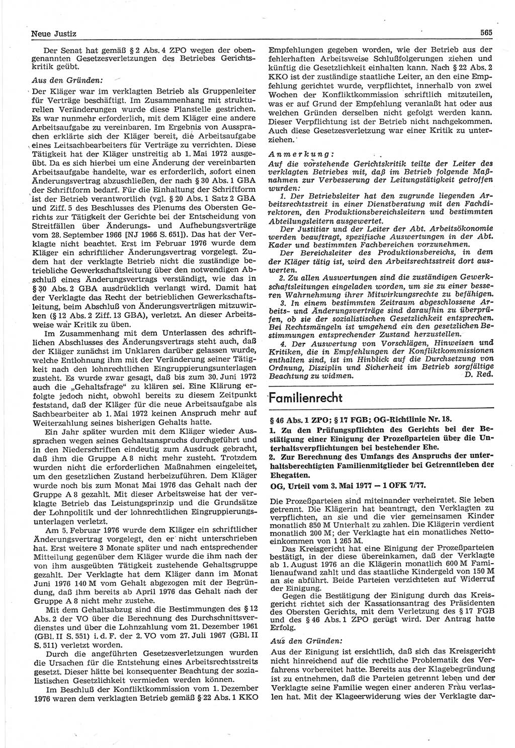 Neue Justiz (NJ), Zeitschrift für Recht und Rechtswissenschaft-Zeitschrift, sozialistisches Recht und Gesetzlichkeit, 31. Jahrgang 1977, Seite 565 (NJ DDR 1977, S. 565)