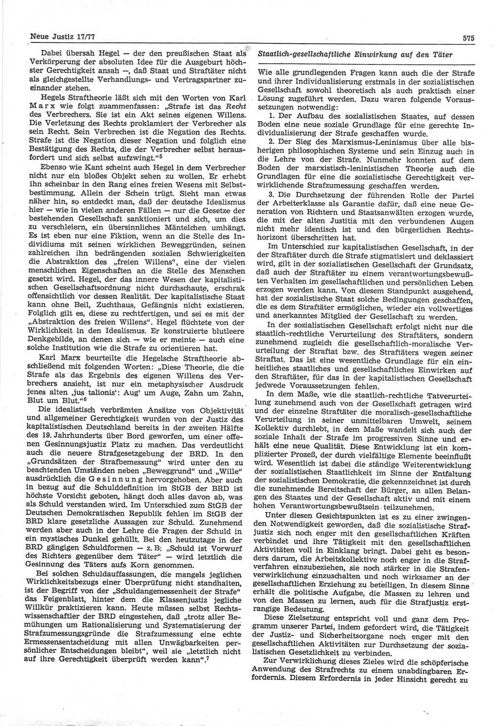 Neue Justiz (NJ), Zeitschrift für Recht und Rechtswissenschaft-Zeitschrift, sozialistisches Recht und Gesetzlichkeit, 31. Jahrgang 1977, Seite 575 (NJ DDR 1977, S. 575)