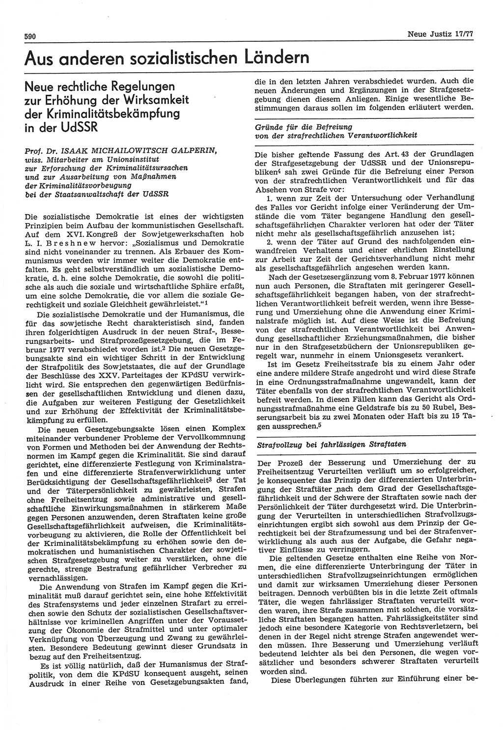 Neue Justiz (NJ), Zeitschrift für Recht und Rechtswissenschaft-Zeitschrift, sozialistisches Recht und Gesetzlichkeit, 31. Jahrgang 1977, Seite 590 (NJ DDR 1977, S. 590)