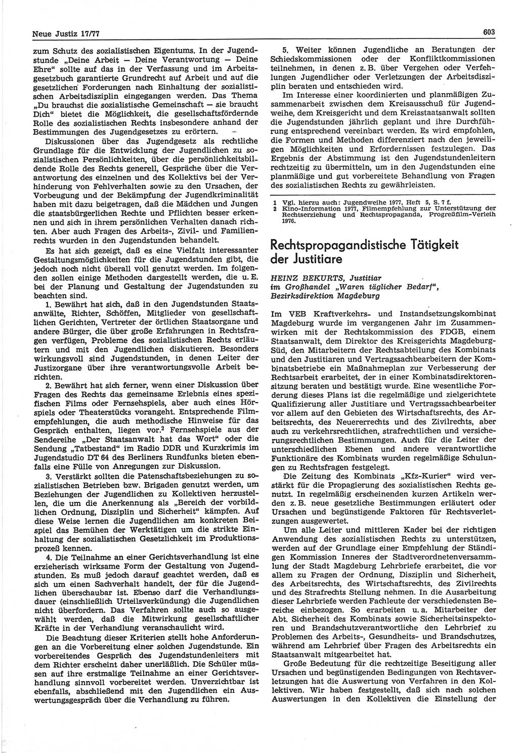 Neue Justiz (NJ), Zeitschrift für Recht und Rechtswissenschaft-Zeitschrift, sozialistisches Recht und Gesetzlichkeit, 31. Jahrgang 1977, Seite 603 (NJ DDR 1977, S. 603)