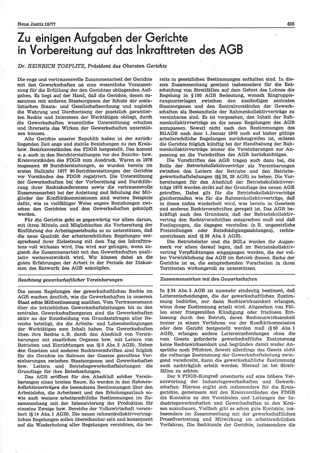 Neue Justiz (NJ), Zeitschrift für Recht und Rechtswissenschaft-Zeitschrift, sozialistisches Recht und Gesetzlichkeit, 31. Jahrgang 1977, Seite 625 (NJ DDR 1977, S. 625)