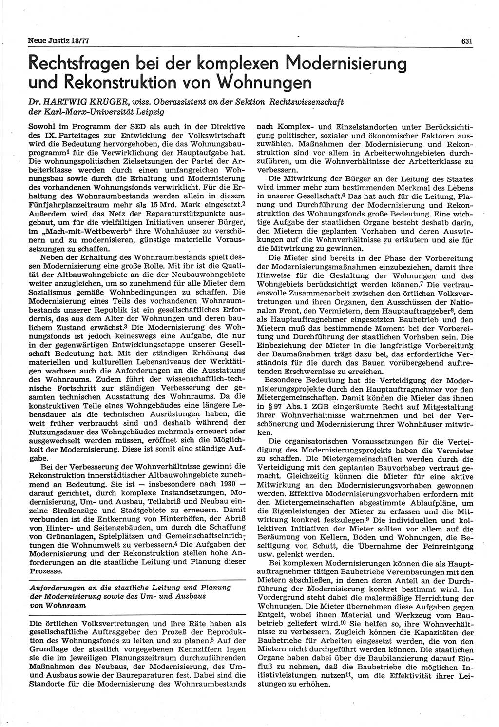 Neue Justiz (NJ), Zeitschrift für Recht und Rechtswissenschaft-Zeitschrift, sozialistisches Recht und Gesetzlichkeit, 31. Jahrgang 1977, Seite 631 (NJ DDR 1977, S. 631)