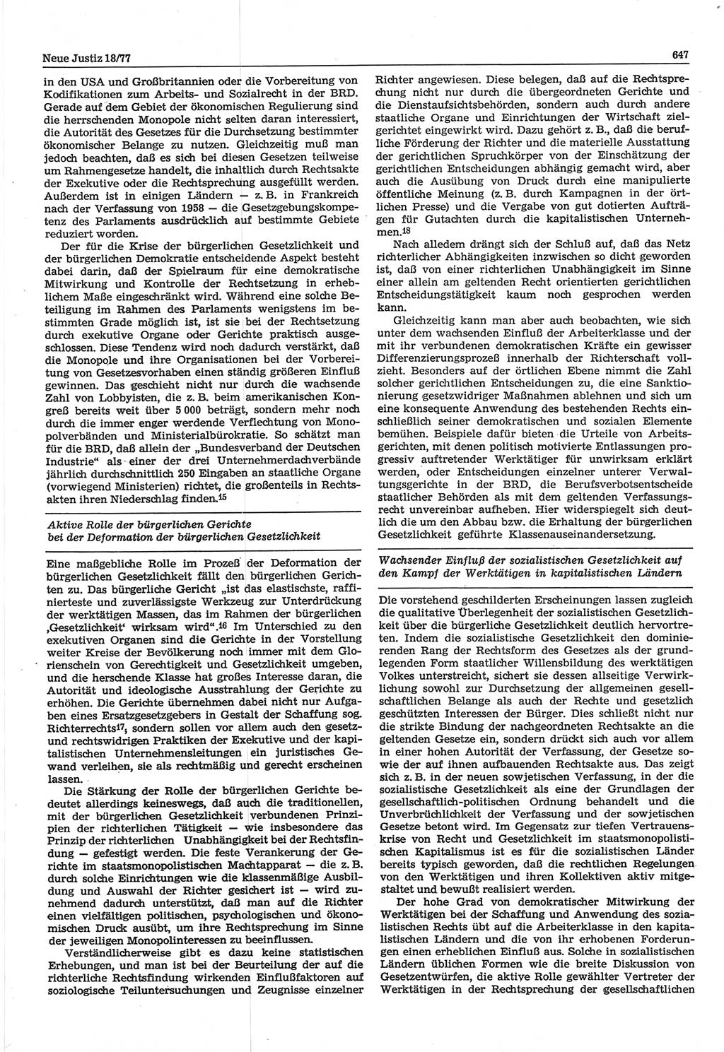 Neue Justiz (NJ), Zeitschrift für Recht und Rechtswissenschaft-Zeitschrift, sozialistisches Recht und Gesetzlichkeit, 31. Jahrgang 1977, Seite 647 (NJ DDR 1977, S. 647)