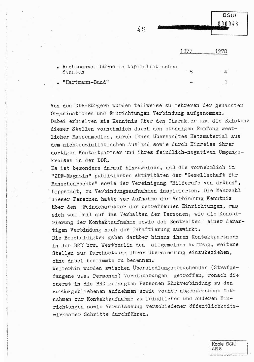 Jahresbericht der Hauptabteilung (HA) Ⅸ 1978, Analyse über die Entwicklung und die Wirksamkeit der politisch-operativen Arbeit der Linie Ⅸ im Jahre 1978, Ministerium für Staatssicherheit (MfS) der Deutschen Demokratischen Republik (DDR), Hauptabteilung Ⅸ, Berlin 1979, Seite 46 (Anal. MfS DDR HA Ⅸ /78 1979, S. 46)