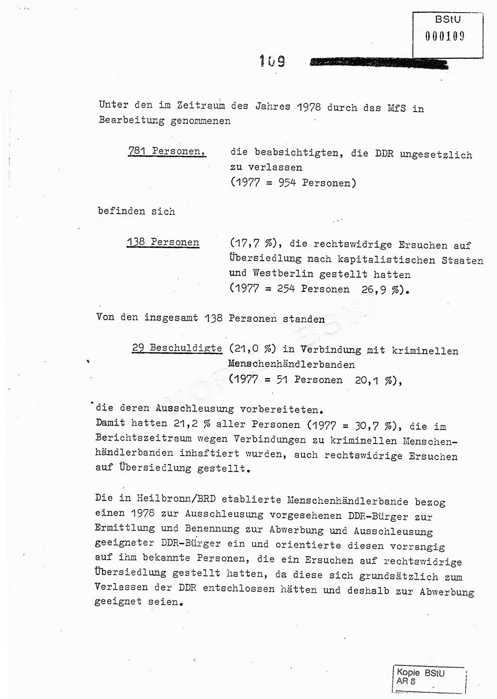 Jahresbericht der Hauptabteilung (HA) Ⅸ 1978, Analyse über die Entwicklung und die Wirksamkeit der politisch-operativen Arbeit der Linie Ⅸ im Jahre 1978, Ministerium für Staatssicherheit (MfS) der Deutschen Demokratischen Republik (DDR), Hauptabteilung Ⅸ, Berlin 1979, Seite 109 (Anal. MfS DDR HA Ⅸ /78 1979, S. 109)