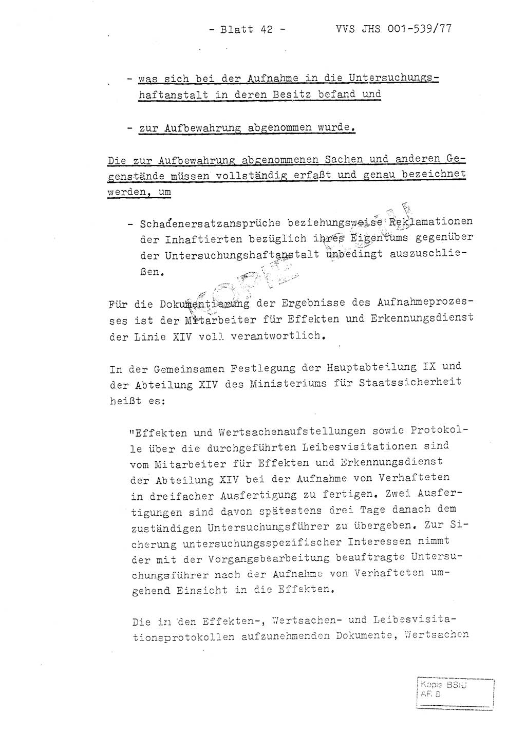 Fachschulabschlußarbeit Hauptmann Dietrich Jung (Abt. ⅩⅣ), Leutnant Klaus Klötzner (Abt. ⅩⅣ), Ministerium für Staatssicherheit (MfS) [Deutsche Demokratische Republik (DDR)], Juristische Hochschule (JHS), Vertrauliche Verschlußsache (VVS) 001-539/77, Potsdam 1978, Seite 42 (FS-Abschl.-Arb. MfS DDR JHS VVS 001-539/77 1978, S. 42)