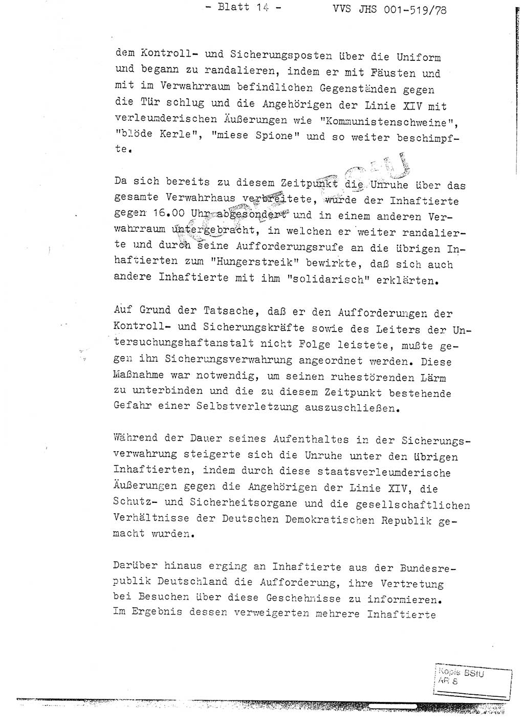 Fachschulabschlußarbeit Hauptmann Alfons Lützelberger (Abt. ⅩⅣ), Ministerium für Staatssicherheit (MfS) [Deutsche Demokratische Republik (DDR)], Juristische Hochschule (JHS), Vertrauliche Verschlußsache (VVS) 001-519/78, Potsdam 1978, Blatt 14 (FS-Abschl.-Arb. MfS DDR JHS VVS 001-519/78 1978, Bl. 14)