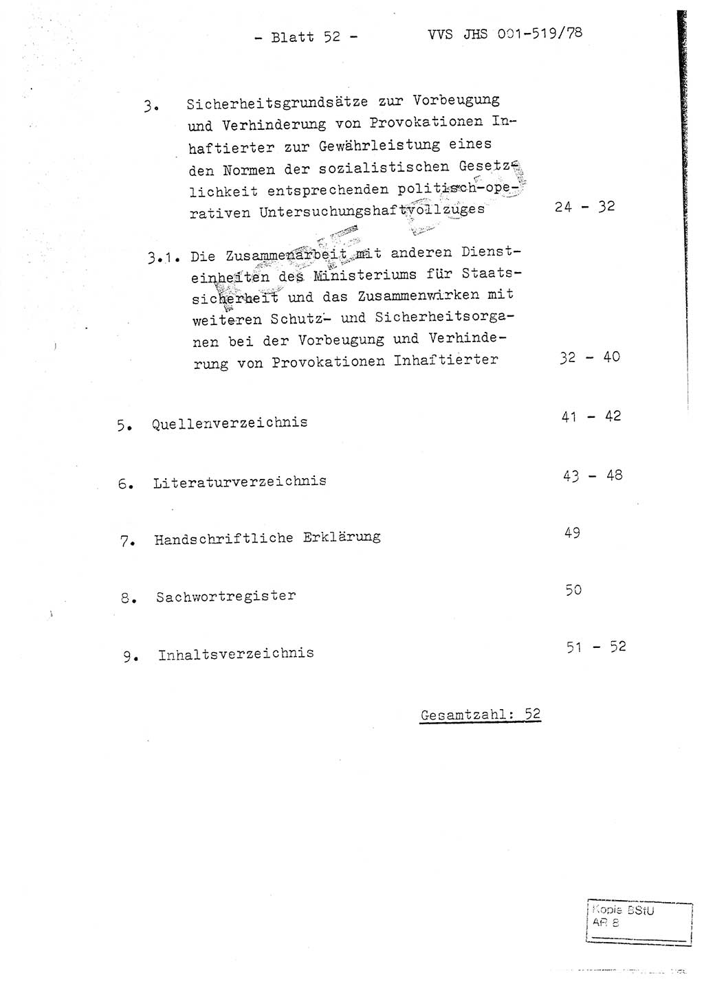 Fachschulabschlußarbeit Hauptmann Alfons Lützelberger (Abt. ⅩⅣ), Ministerium für Staatssicherheit (MfS) [Deutsche Demokratische Republik (DDR)], Juristische Hochschule (JHS), Vertrauliche Verschlußsache (VVS) 001-519/78, Potsdam 1978, Blatt 52 (FS-Abschl.-Arb. MfS DDR JHS VVS 001-519/78 1978, Bl. 52)