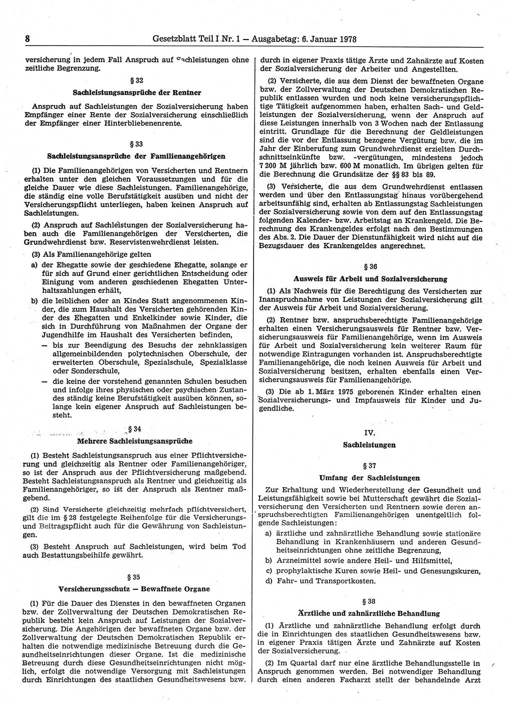 Gesetzblatt (GBl.) der Deutschen Demokratischen Republik (DDR) Teil Ⅰ 1978, Seite 8 (GBl. DDR Ⅰ 1978, S. 8)