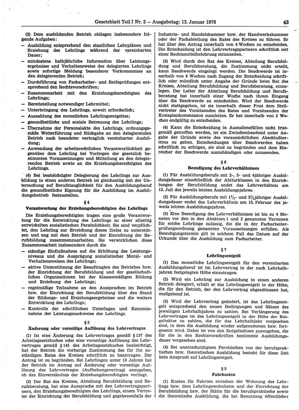 Gesetzblatt (GBl.) der Deutschen Demokratischen Republik (DDR) Teil Ⅰ 1978, Seite 43 (GBl. DDR Ⅰ 1978, S. 43)