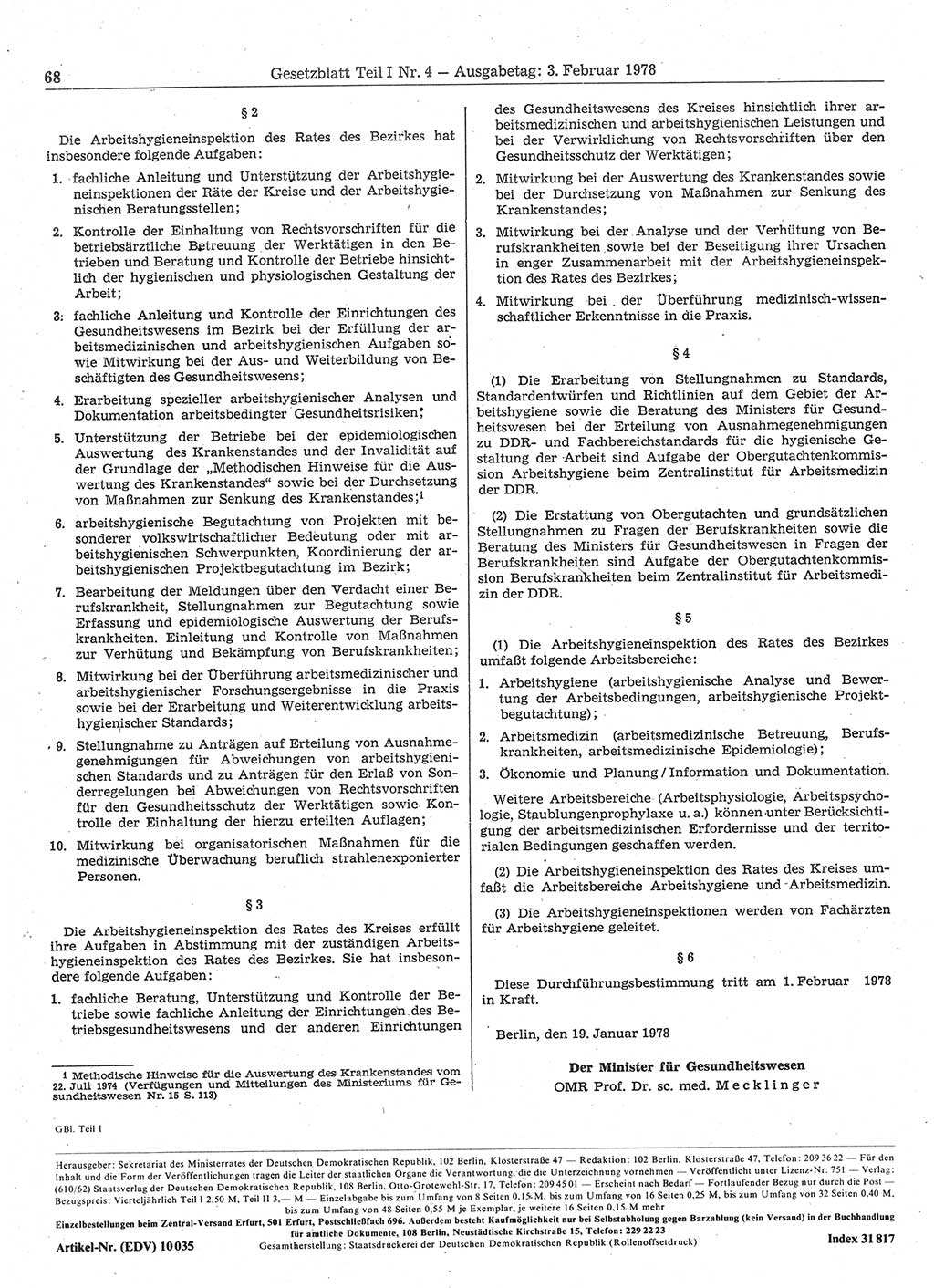 Gesetzblatt (GBl.) der Deutschen Demokratischen Republik (DDR) Teil Ⅰ 1978, Seite 68 (GBl. DDR Ⅰ 1978, S. 68)