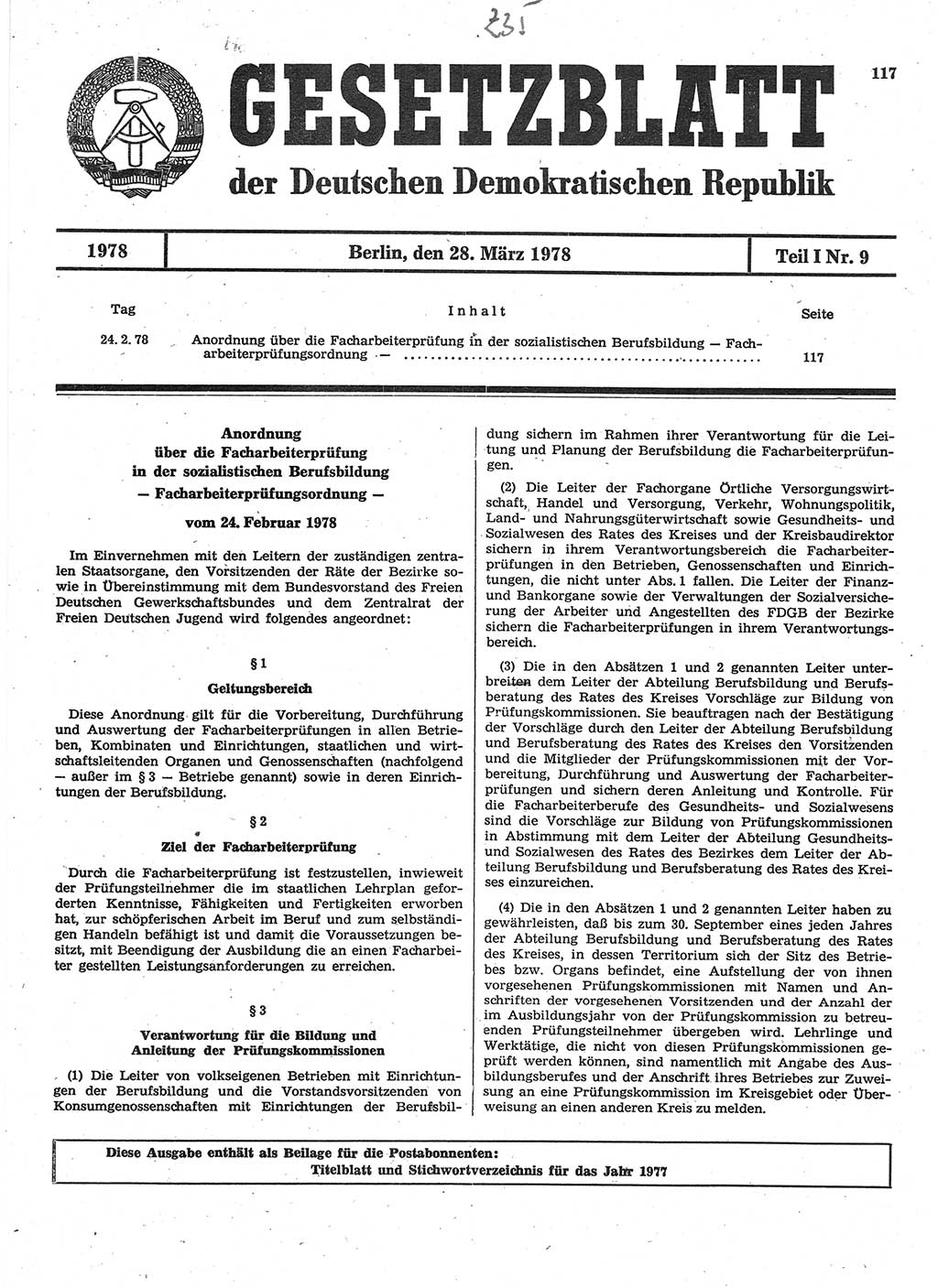 Gesetzblatt (GBl.) der Deutschen Demokratischen Republik (DDR) Teil Ⅰ 1978, Seite 117 (GBl. DDR Ⅰ 1978, S. 117)