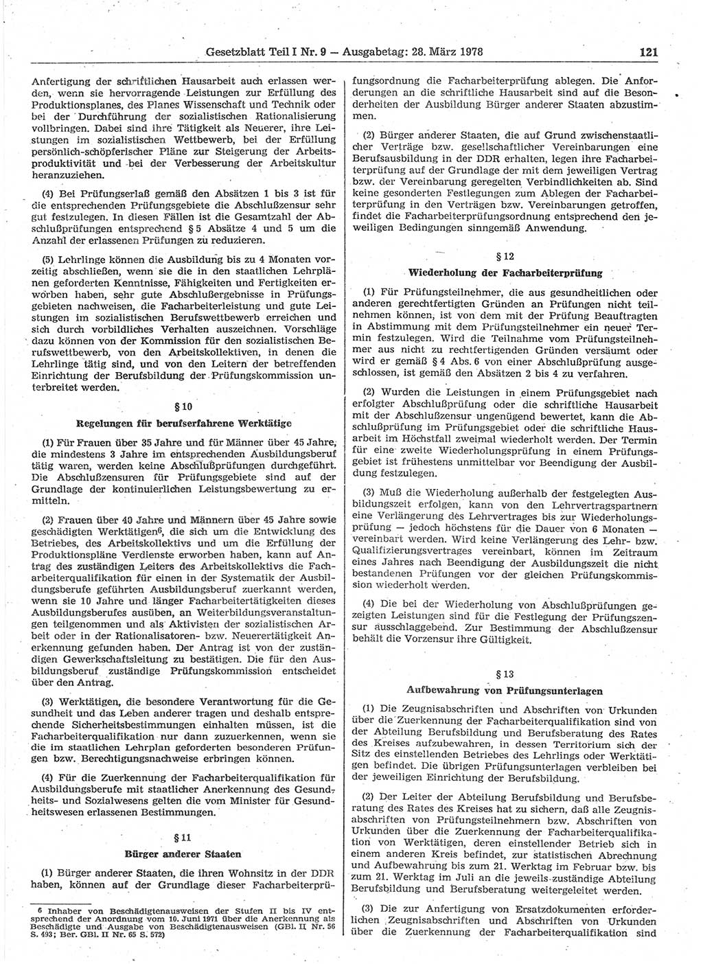 Gesetzblatt (GBl.) der Deutschen Demokratischen Republik (DDR) Teil Ⅰ 1978, Seite 121 (GBl. DDR Ⅰ 1978, S. 121)