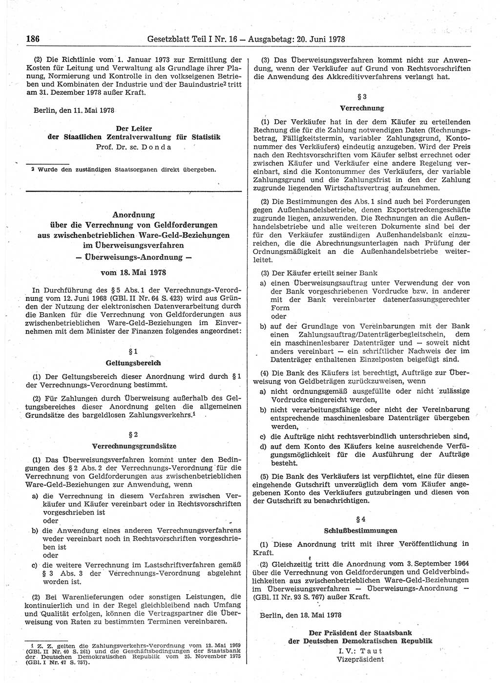 Gesetzblatt (GBl.) der Deutschen Demokratischen Republik (DDR) Teil Ⅰ 1978, Seite 186 (GBl. DDR Ⅰ 1978, S. 186)