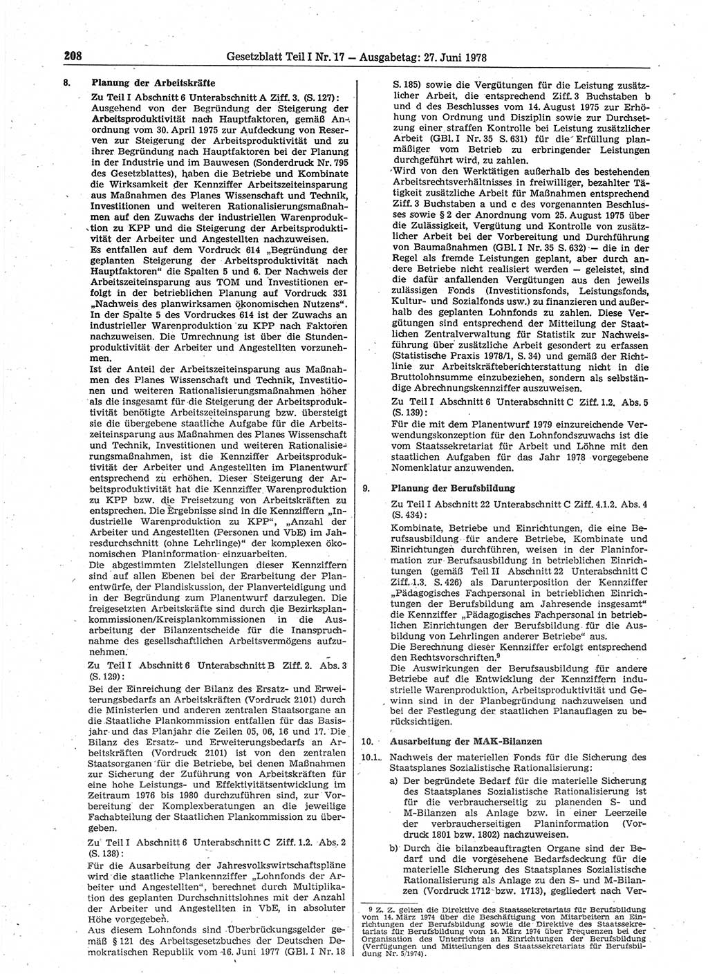 Gesetzblatt (GBl.) der Deutschen Demokratischen Republik (DDR) Teil Ⅰ 1978, Seite 208 (GBl. DDR Ⅰ 1978, S. 208)