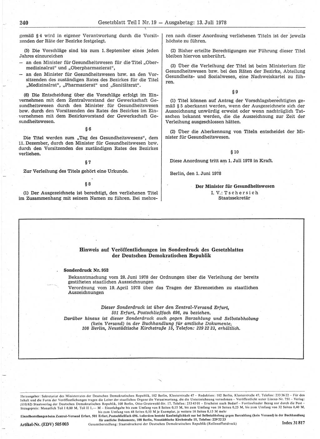 Gesetzblatt (GBl.) der Deutschen Demokratischen Republik (DDR) Teil Ⅰ 1978, Seite 240 (GBl. DDR Ⅰ 1978, S. 240)