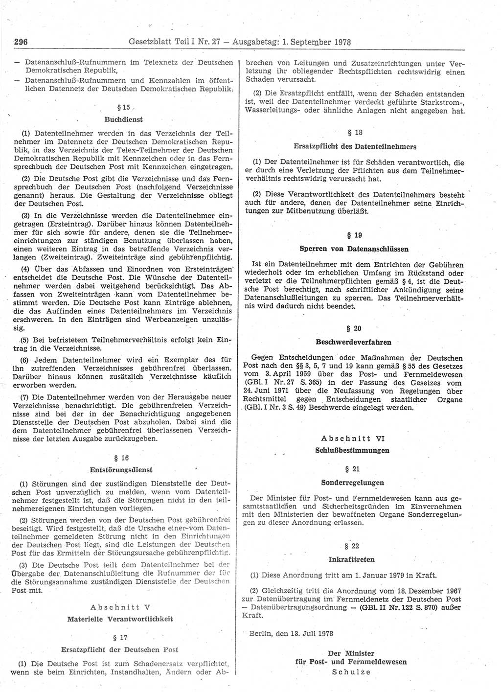 Gesetzblatt (GBl.) der Deutschen Demokratischen Republik (DDR) Teil Ⅰ 1978, Seite 296 (GBl. DDR Ⅰ 1978, S. 296)