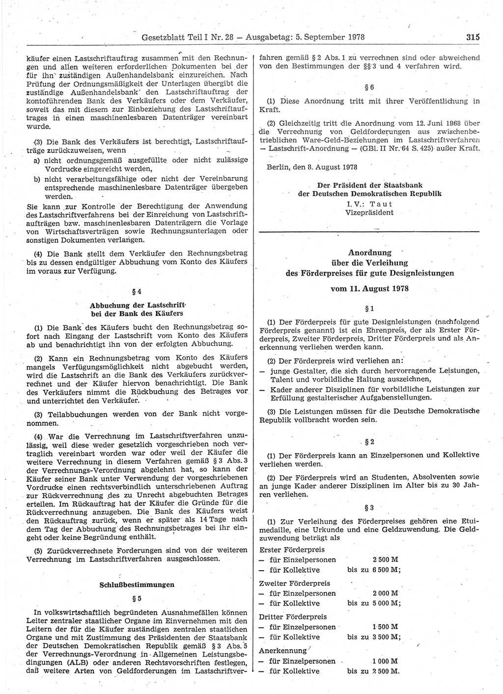Gesetzblatt (GBl.) der Deutschen Demokratischen Republik (DDR) Teil Ⅰ 1978, Seite 315 (GBl. DDR Ⅰ 1978, S. 315)