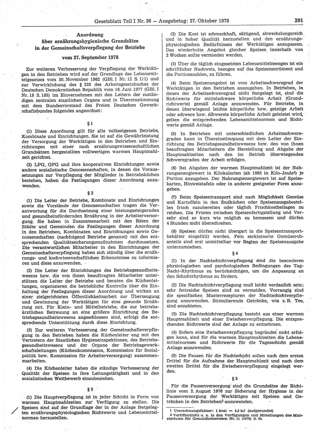Gesetzblatt (GBl.) der Deutschen Demokratischen Republik (DDR) Teil Ⅰ 1978, Seite 391 (GBl. DDR Ⅰ 1978, S. 391)