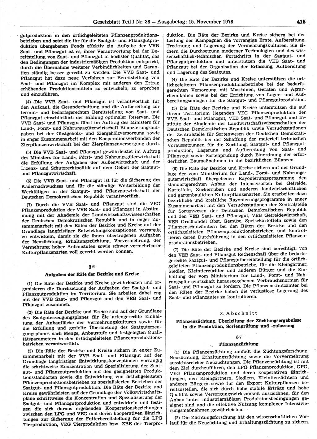 Gesetzblatt (GBl.) der Deutschen Demokratischen Republik (DDR) Teil Ⅰ 1978, Seite 415 (GBl. DDR Ⅰ 1978, S. 415)