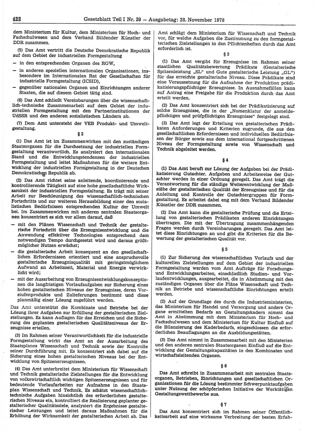Gesetzblatt (GBl.) der Deutschen Demokratischen Republik (DDR) Teil Ⅰ 1978, Seite 422 (GBl. DDR Ⅰ 1978, S. 422)