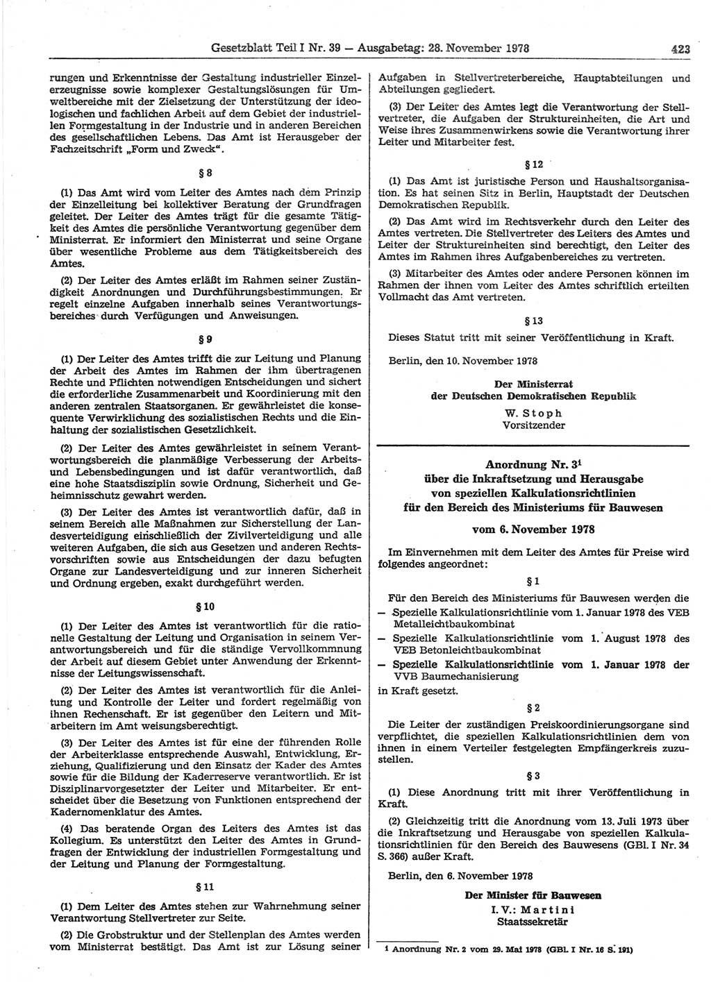 Gesetzblatt (GBl.) der Deutschen Demokratischen Republik (DDR) Teil Ⅰ 1978, Seite 423 (GBl. DDR Ⅰ 1978, S. 423)