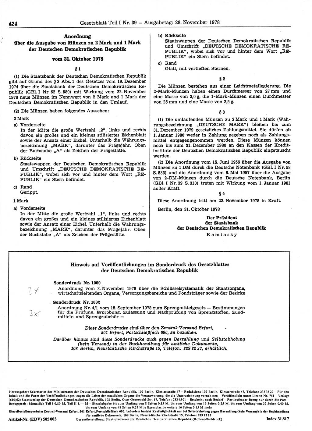 Gesetzblatt (GBl.) der Deutschen Demokratischen Republik (DDR) Teil Ⅰ 1978, Seite 424 (GBl. DDR Ⅰ 1978, S. 424)