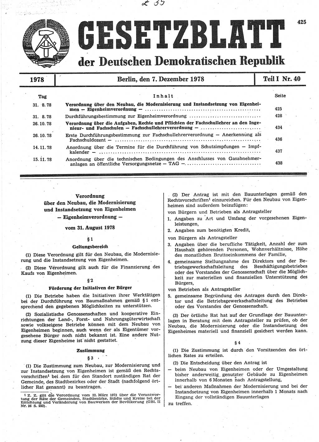 Gesetzblatt (GBl.) der Deutschen Demokratischen Republik (DDR) Teil Ⅰ 1978, Seite 425 (GBl. DDR Ⅰ 1978, S. 425)