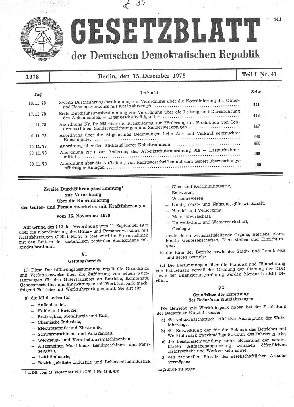 Gesetzblatt (GBl.) der Deutschen Demokratischen Republik (DDR) Teil Ⅰ 1978, Seite 441 (GBl. DDR Ⅰ 1978, S. 441)