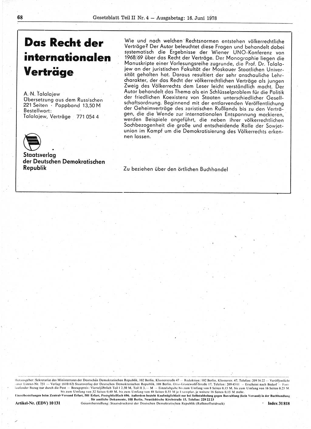 Gesetzblatt (GBl.) der Deutschen Demokratischen Republik (DDR) Teil ⅠⅠ 1978, Seite 68 (GBl. DDR ⅠⅠ 1978, S. 68)