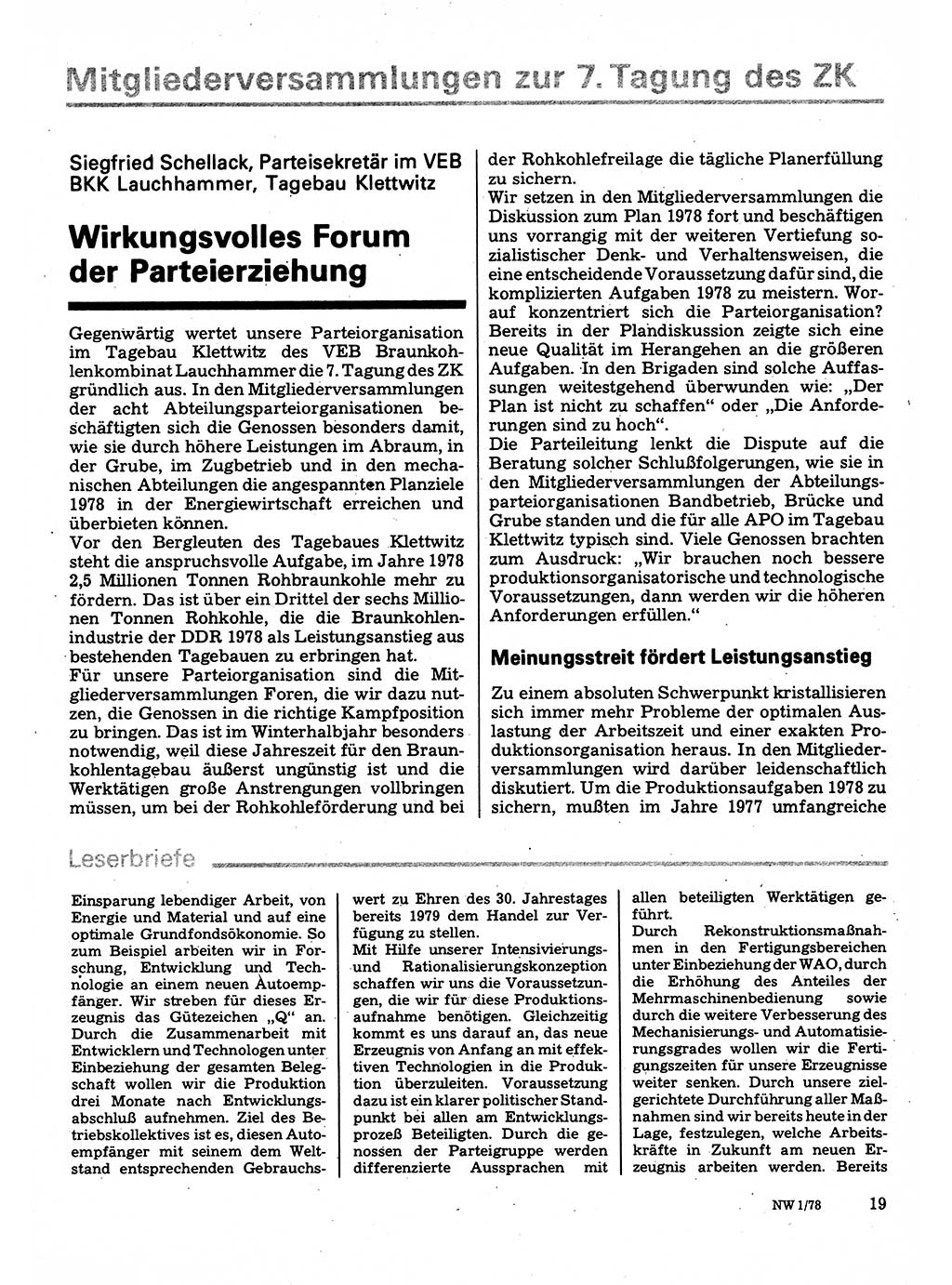 Neuer Weg (NW), Organ des Zentralkomitees (ZK) der SED (Sozialistische Einheitspartei Deutschlands) für Fragen des Parteilebens, 33. Jahrgang [Deutsche Demokratische Republik (DDR)] 1978, Seite 19 (NW ZK SED DDR 1978, S. 19)