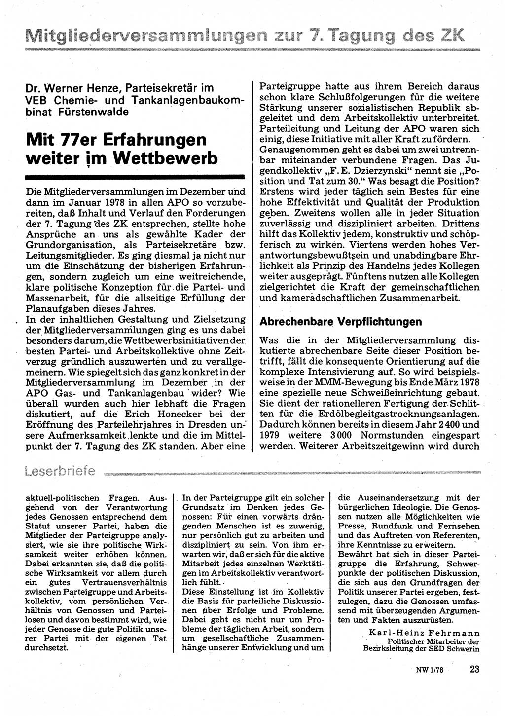 Neuer Weg (NW), Organ des Zentralkomitees (ZK) der SED (Sozialistische Einheitspartei Deutschlands) für Fragen des Parteilebens, 33. Jahrgang [Deutsche Demokratische Republik (DDR)] 1978, Seite 23 (NW ZK SED DDR 1978, S. 23)