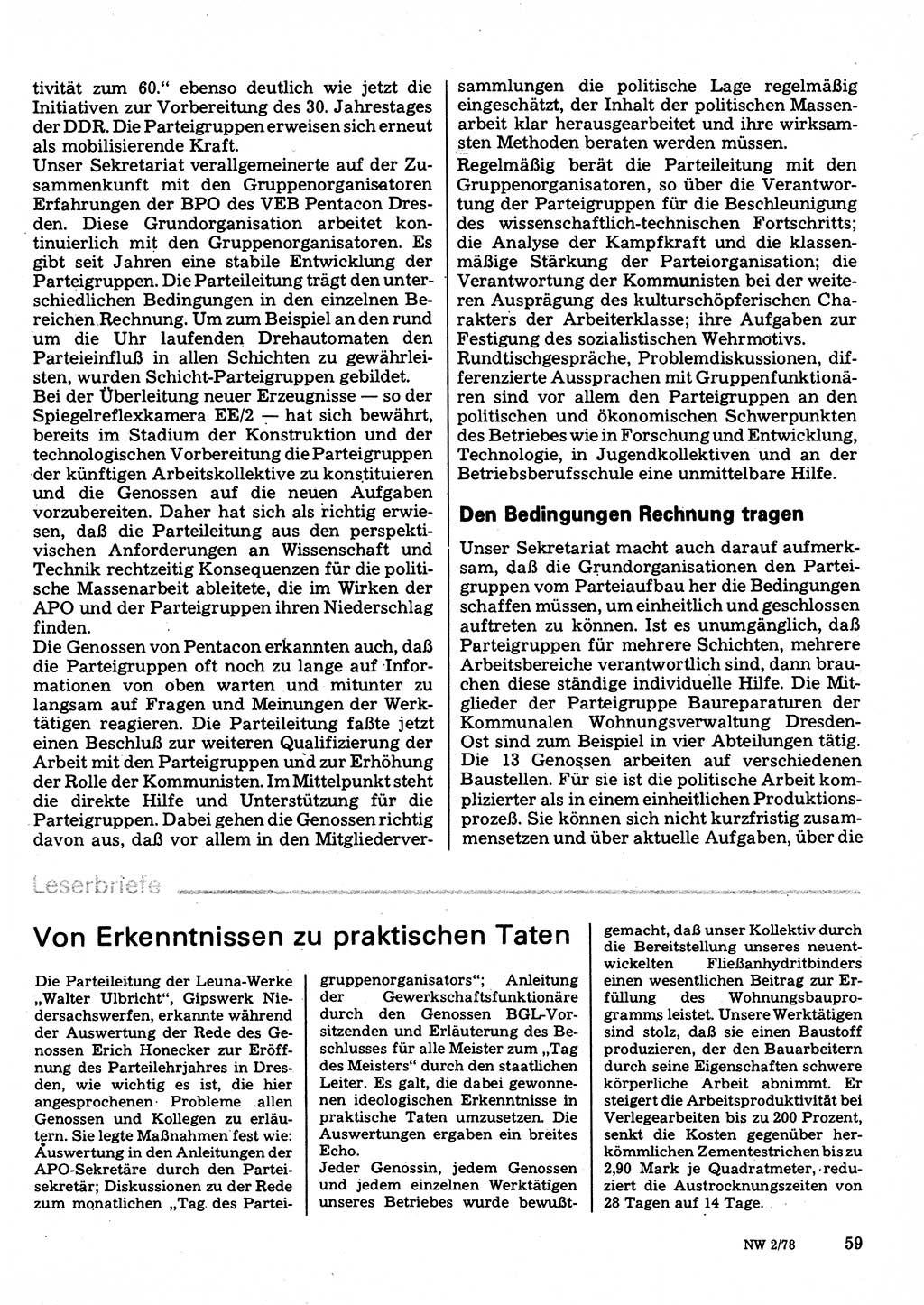 Neuer Weg (NW), Organ des Zentralkomitees (ZK) der SED (Sozialistische Einheitspartei Deutschlands) für Fragen des Parteilebens, 33. Jahrgang [Deutsche Demokratische Republik (DDR)] 1978, Seite 59 (NW ZK SED DDR 1978, S. 59)