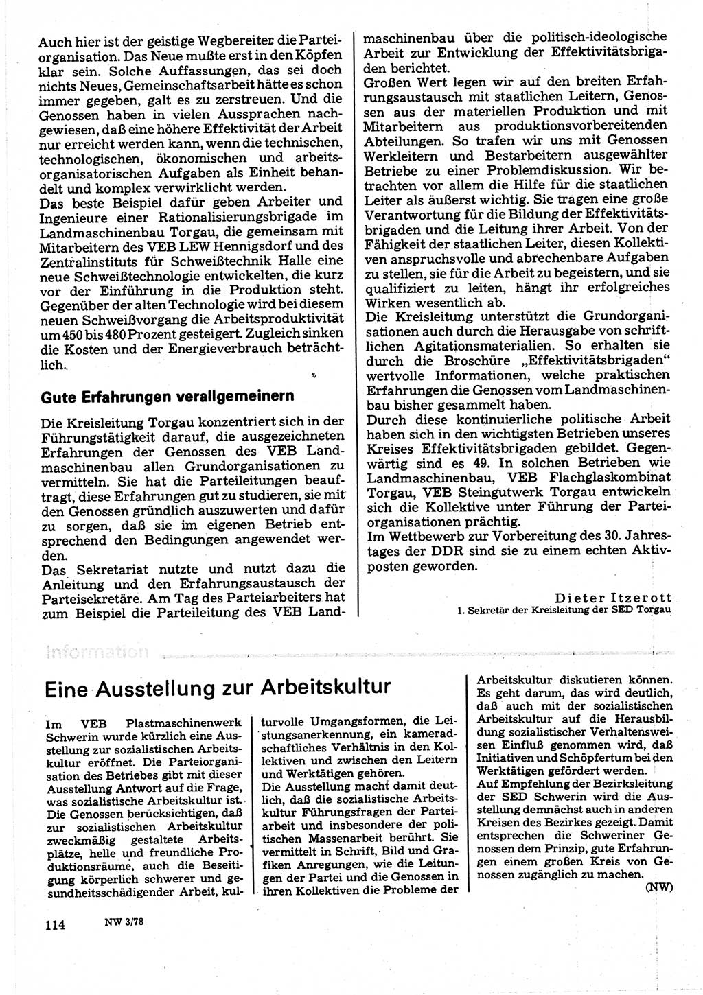 Neuer Weg (NW), Organ des Zentralkomitees (ZK) der SED (Sozialistische Einheitspartei Deutschlands) für Fragen des Parteilebens, 33. Jahrgang [Deutsche Demokratische Republik (DDR)] 1978, Seite 114 (NW ZK SED DDR 1978, S. 114)