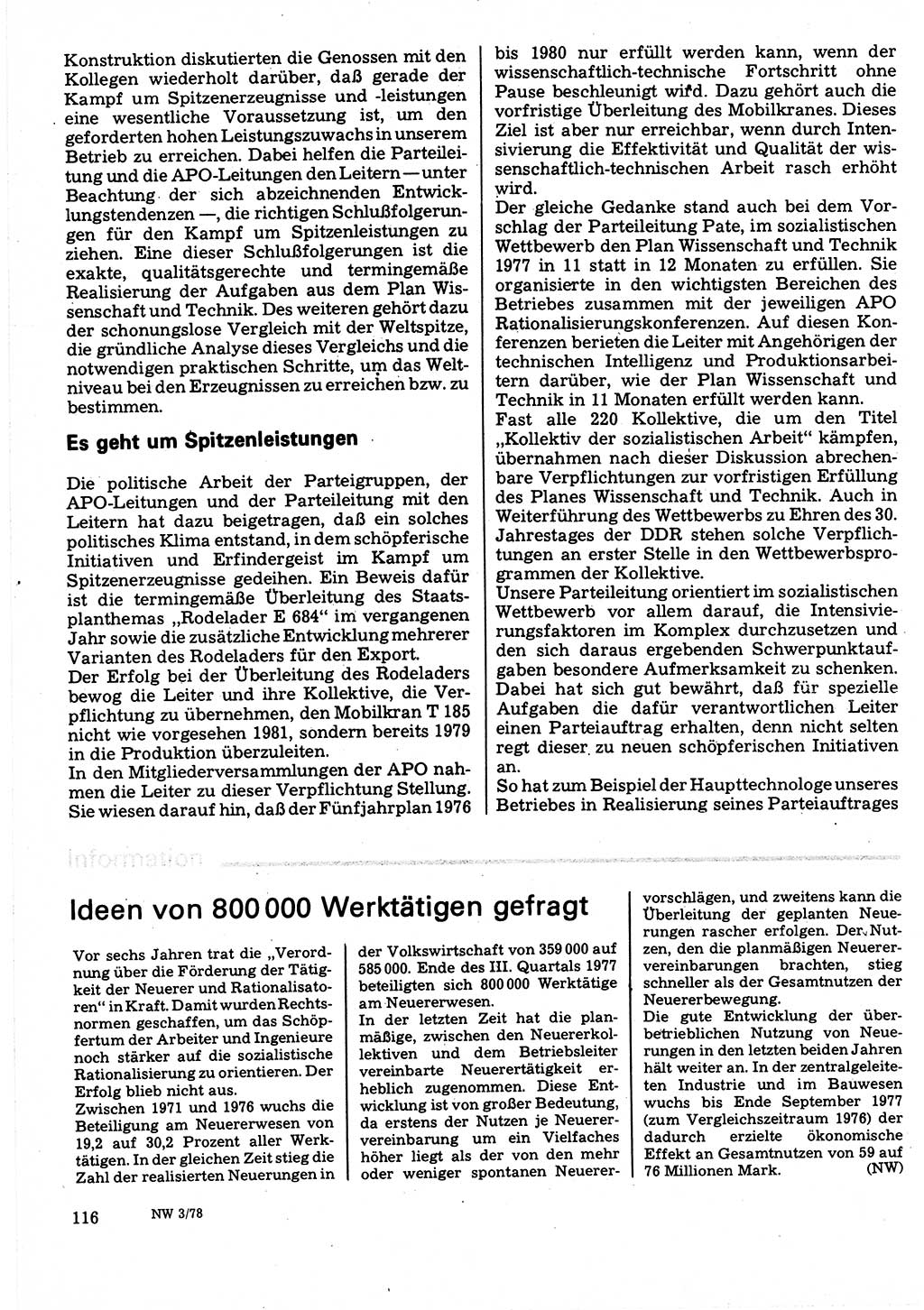 Neuer Weg (NW), Organ des Zentralkomitees (ZK) der SED (Sozialistische Einheitspartei Deutschlands) für Fragen des Parteilebens, 33. Jahrgang [Deutsche Demokratische Republik (DDR)] 1978, Seite 116 (NW ZK SED DDR 1978, S. 116)