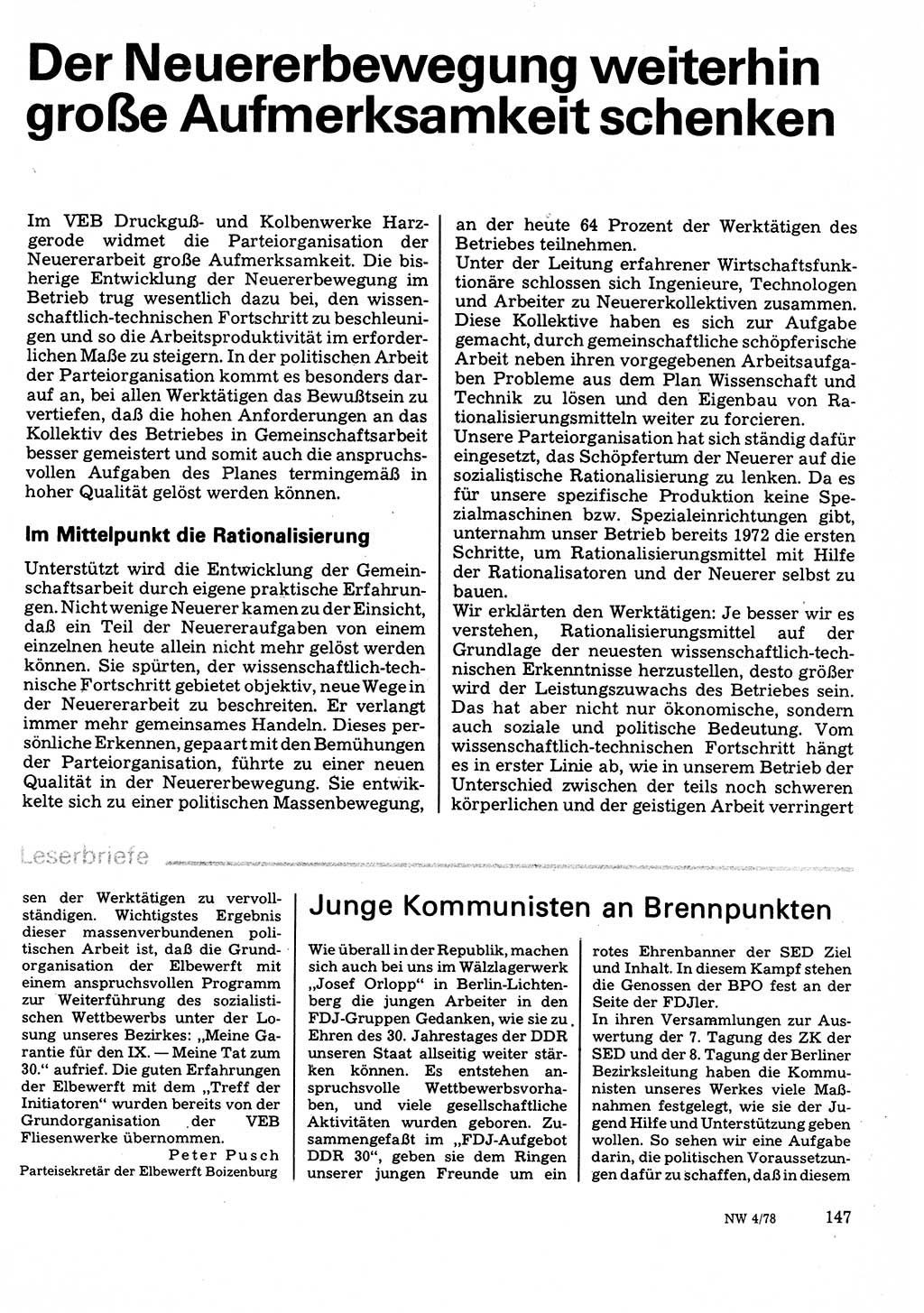 Neuer Weg (NW), Organ des Zentralkomitees (ZK) der SED (Sozialistische Einheitspartei Deutschlands) für Fragen des Parteilebens, 33. Jahrgang [Deutsche Demokratische Republik (DDR)] 1978, Seite 147 (NW ZK SED DDR 1978, S. 147)