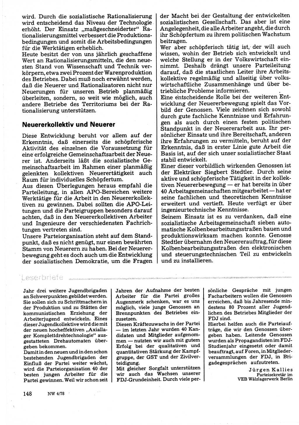 Neuer Weg (NW), Organ des Zentralkomitees (ZK) der SED (Sozialistische Einheitspartei Deutschlands) für Fragen des Parteilebens, 33. Jahrgang [Deutsche Demokratische Republik (DDR)] 1978, Seite 148 (NW ZK SED DDR 1978, S. 148)