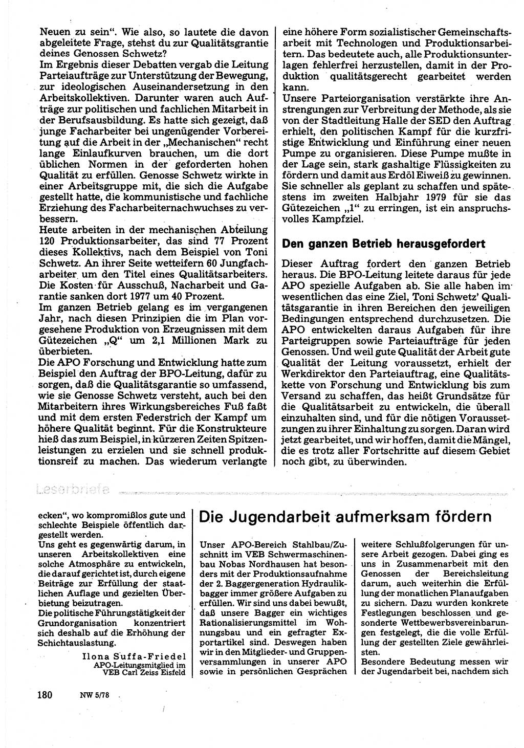 Neuer Weg (NW), Organ des Zentralkomitees (ZK) der SED (Sozialistische Einheitspartei Deutschlands) für Fragen des Parteilebens, 33. Jahrgang [Deutsche Demokratische Republik (DDR)] 1978, Seite 180 (NW ZK SED DDR 1978, S. 180)