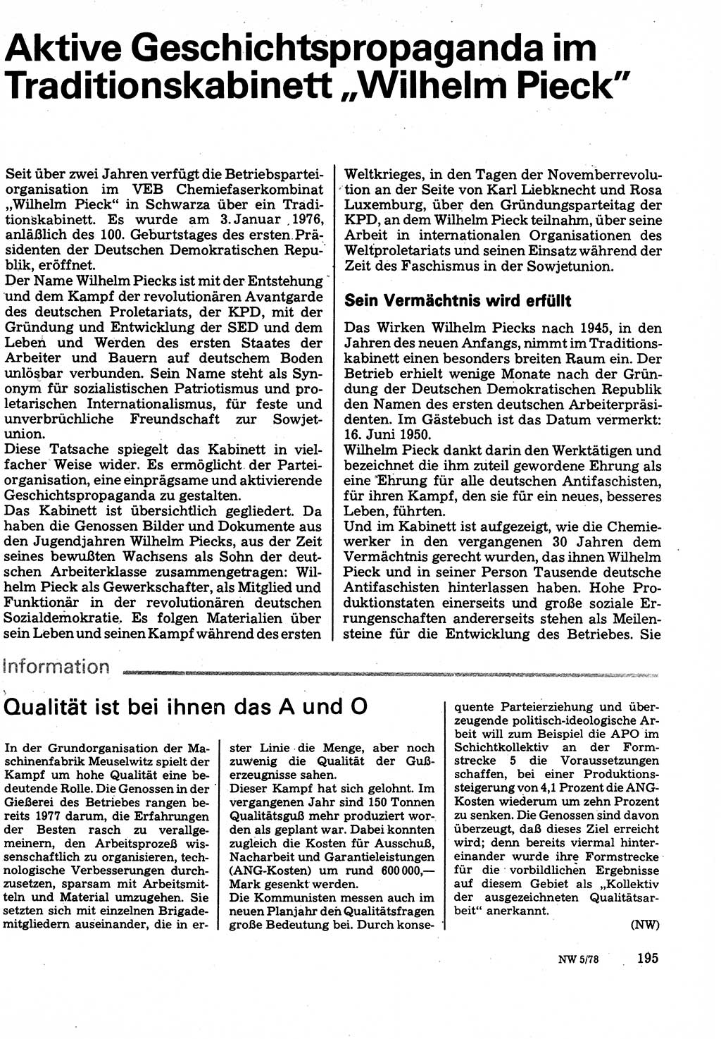 Neuer Weg (NW), Organ des Zentralkomitees (ZK) der SED (Sozialistische Einheitspartei Deutschlands) für Fragen des Parteilebens, 33. Jahrgang [Deutsche Demokratische Republik (DDR)] 1978, Seite 195 (NW ZK SED DDR 1978, S. 195)