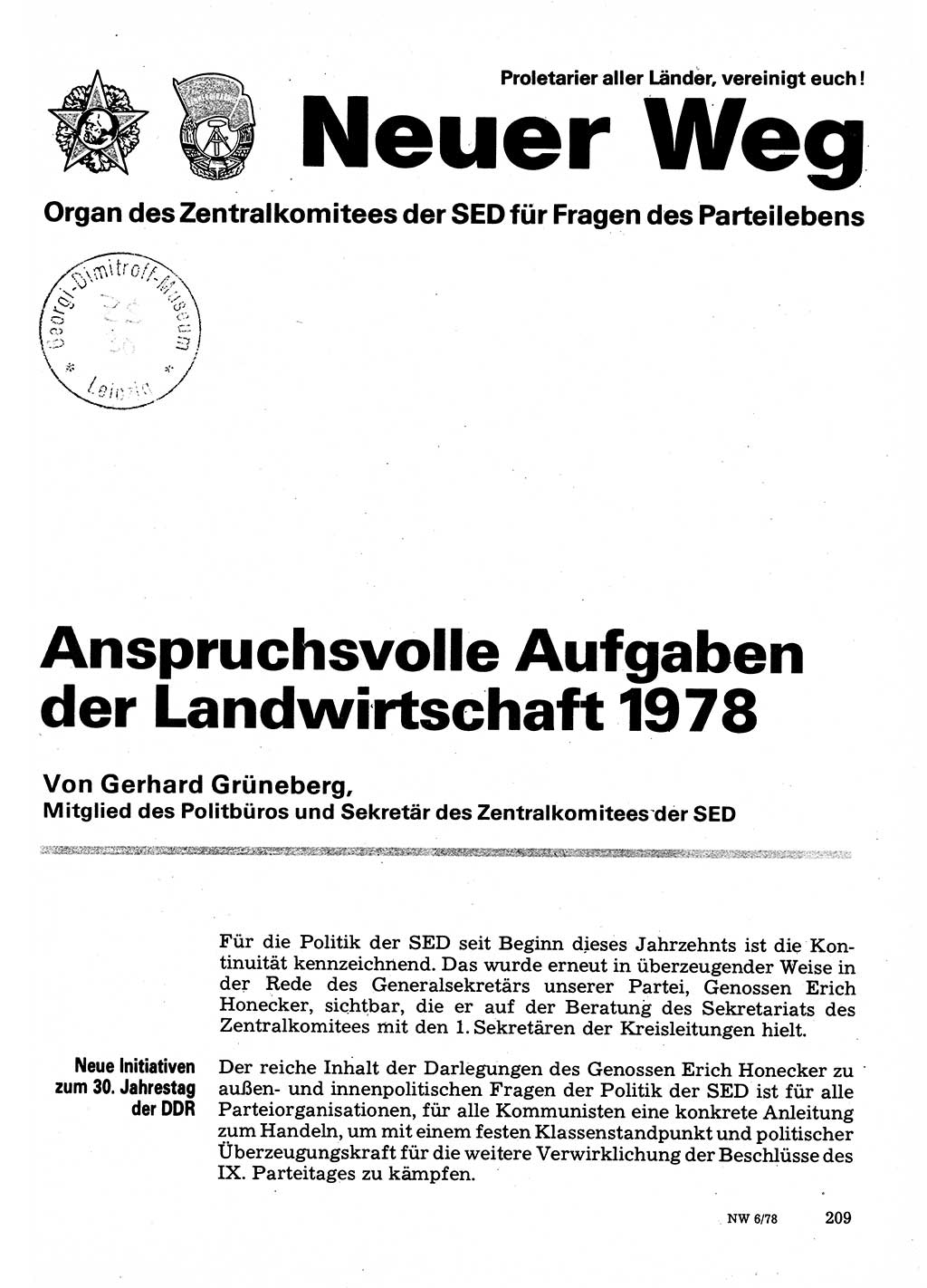 Neuer Weg (NW), Organ des Zentralkomitees (ZK) der SED (Sozialistische Einheitspartei Deutschlands) für Fragen des Parteilebens, 33. Jahrgang [Deutsche Demokratische Republik (DDR)] 1978, Seite 209 (NW ZK SED DDR 1978, S. 209)