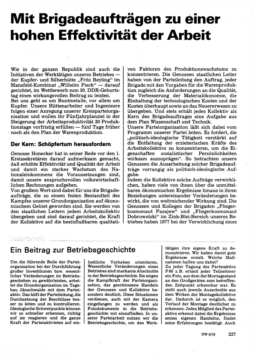 Neuer Weg (NW), Organ des Zentralkomitees (ZK) der SED (Sozialistische Einheitspartei Deutschlands) für Fragen des Parteilebens, 33. Jahrgang [Deutsche Demokratische Republik (DDR)] 1978, Seite 227 (NW ZK SED DDR 1978, S. 227)