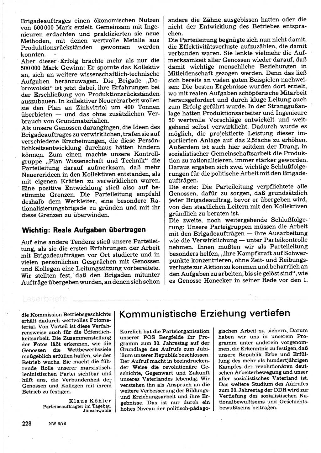 Neuer Weg (NW), Organ des Zentralkomitees (ZK) der SED (Sozialistische Einheitspartei Deutschlands) für Fragen des Parteilebens, 33. Jahrgang [Deutsche Demokratische Republik (DDR)] 1978, Seite 228 (NW ZK SED DDR 1978, S. 228)