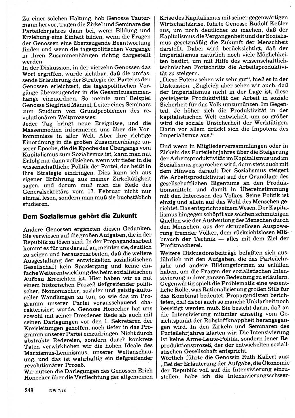 Neuer Weg (NW), Organ des Zentralkomitees (ZK) der SED (Sozialistische Einheitspartei Deutschlands) für Fragen des Parteilebens, 33. Jahrgang [Deutsche Demokratische Republik (DDR)] 1978, Seite 248 (NW ZK SED DDR 1978, S. 248)