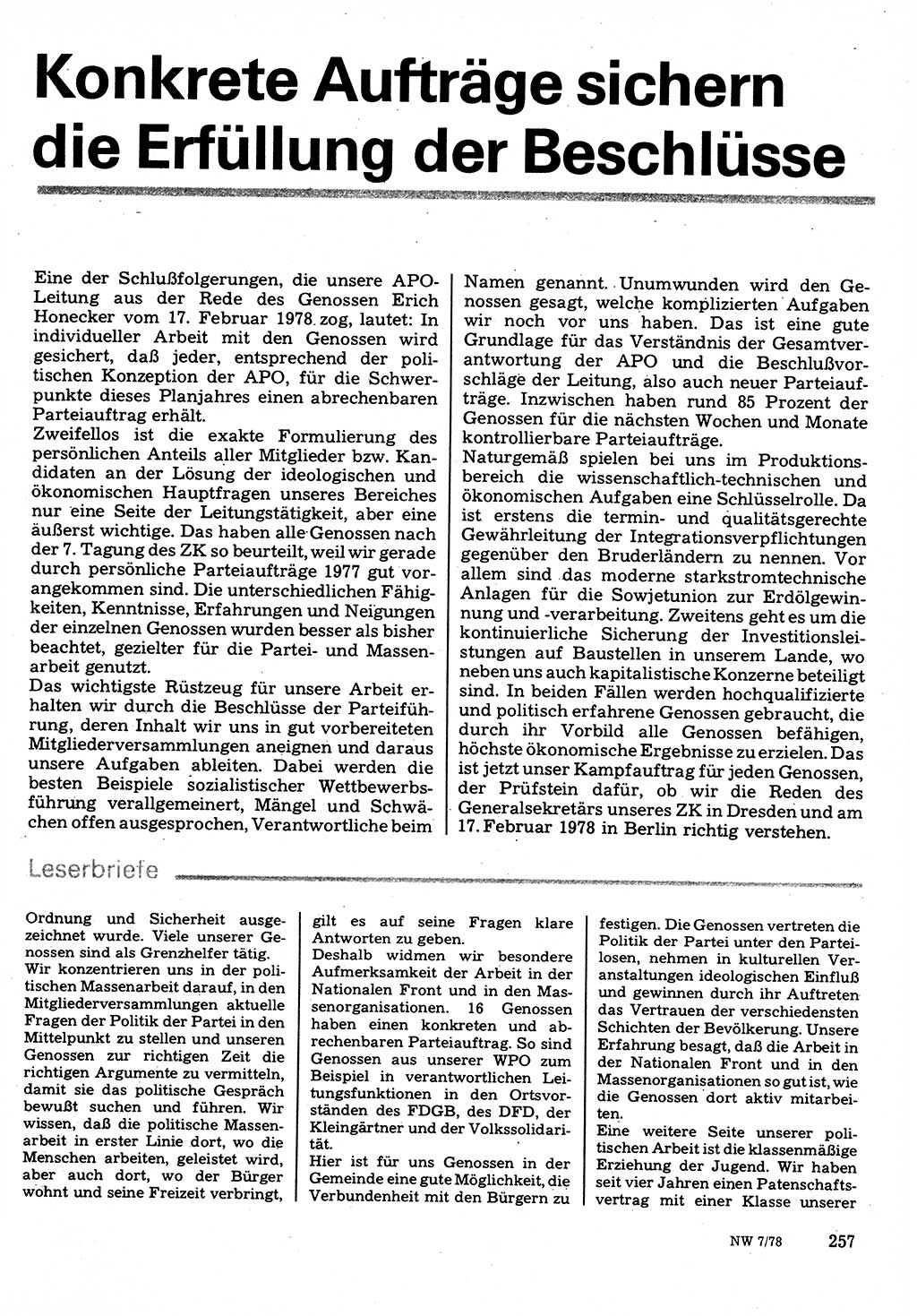 Neuer Weg (NW), Organ des Zentralkomitees (ZK) der SED (Sozialistische Einheitspartei Deutschlands) für Fragen des Parteilebens, 33. Jahrgang [Deutsche Demokratische Republik (DDR)] 1978, Seite 257 (NW ZK SED DDR 1978, S. 257)