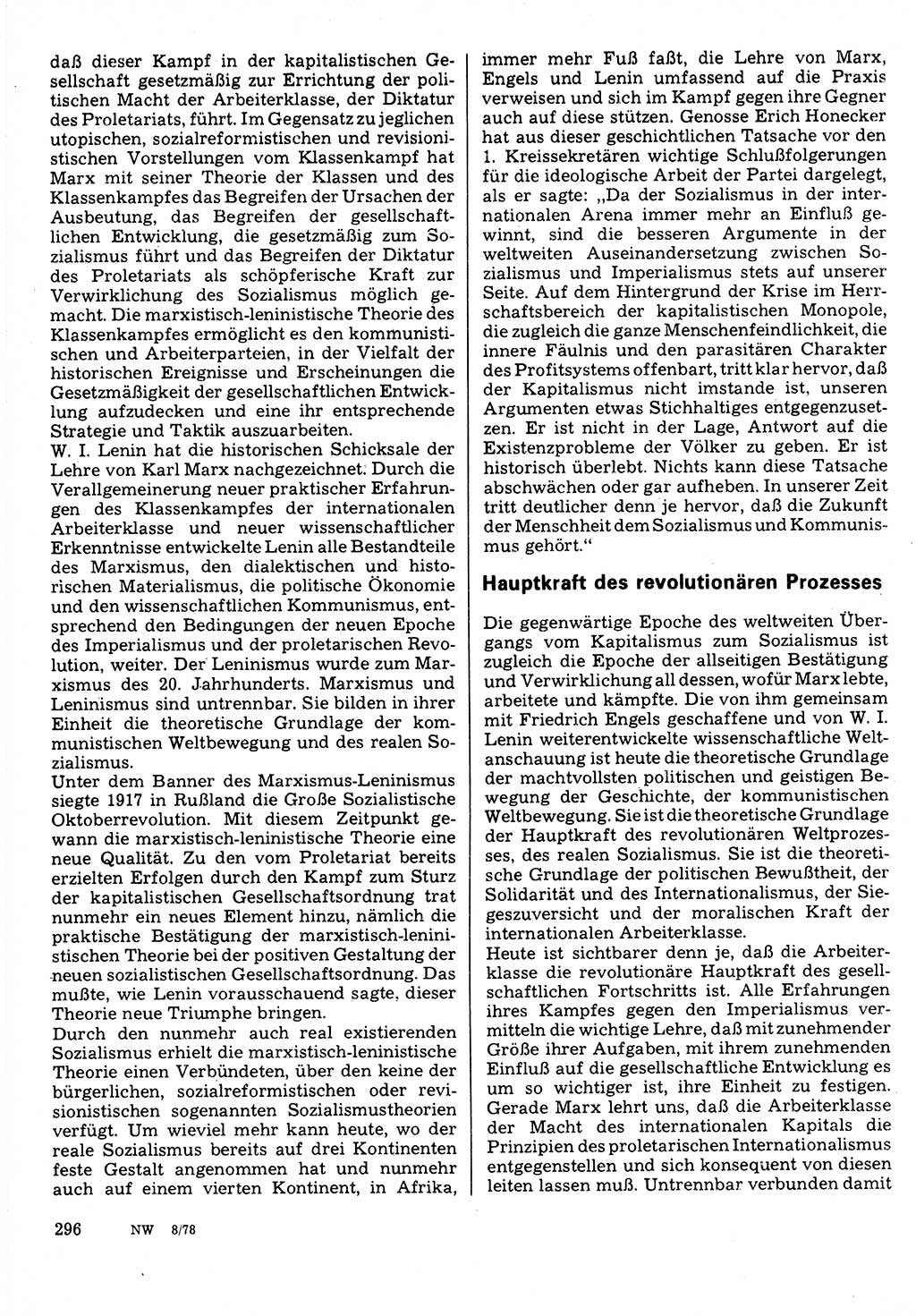 Neuer Weg (NW), Organ des Zentralkomitees (ZK) der SED (Sozialistische Einheitspartei Deutschlands) für Fragen des Parteilebens, 33. Jahrgang [Deutsche Demokratische Republik (DDR)] 1978, Seite 296 (NW ZK SED DDR 1978, S. 296)