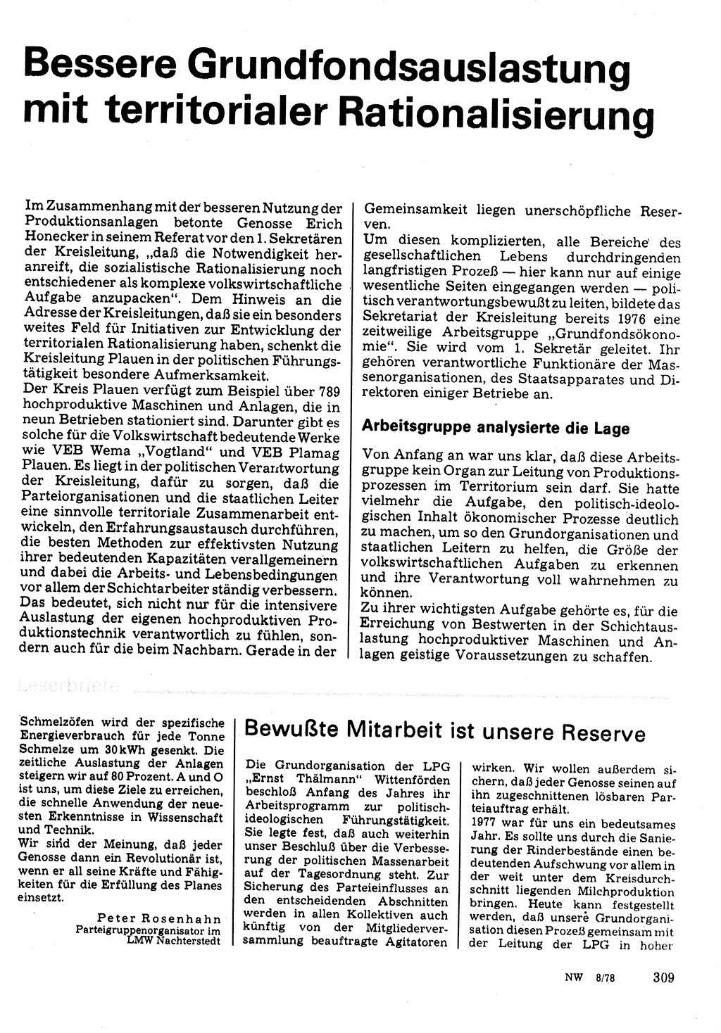 Neuer Weg (NW), Organ des Zentralkomitees (ZK) der SED (Sozialistische Einheitspartei Deutschlands) für Fragen des Parteilebens, 33. Jahrgang [Deutsche Demokratische Republik (DDR)] 1978, Seite 309 (NW ZK SED DDR 1978, S. 309)