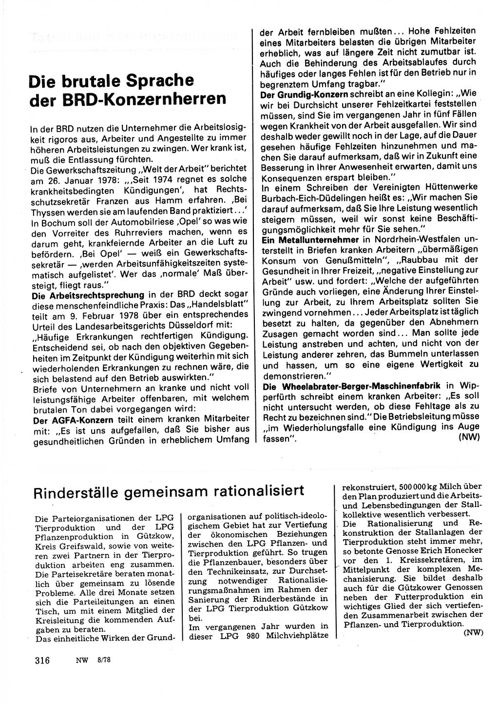 Neuer Weg (NW), Organ des Zentralkomitees (ZK) der SED (Sozialistische Einheitspartei Deutschlands) für Fragen des Parteilebens, 33. Jahrgang [Deutsche Demokratische Republik (DDR)] 1978, Seite 316 (NW ZK SED DDR 1978, S. 316)